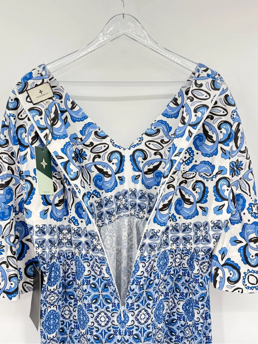 Tuckernuck Blue Majolica Tile Ginger Maxi Dress Flutter Sleeve Tiered XL NEW - Picture 11 of 15